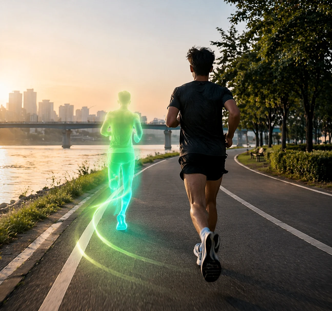 Runner following a glowing AI running partner on a riverside running path