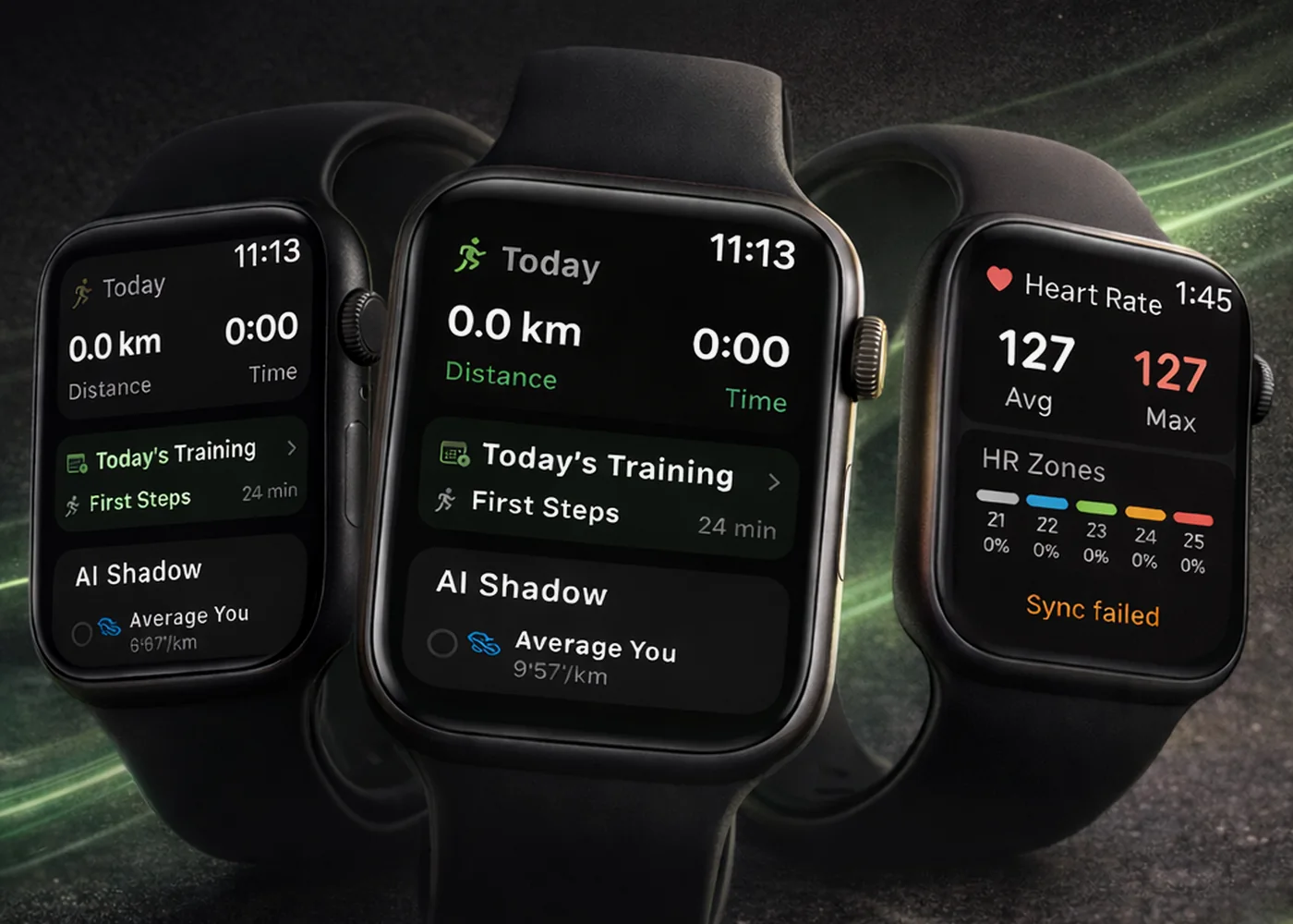 Three watch mockups showing RUNWAY pace, training, and heart-rate screens